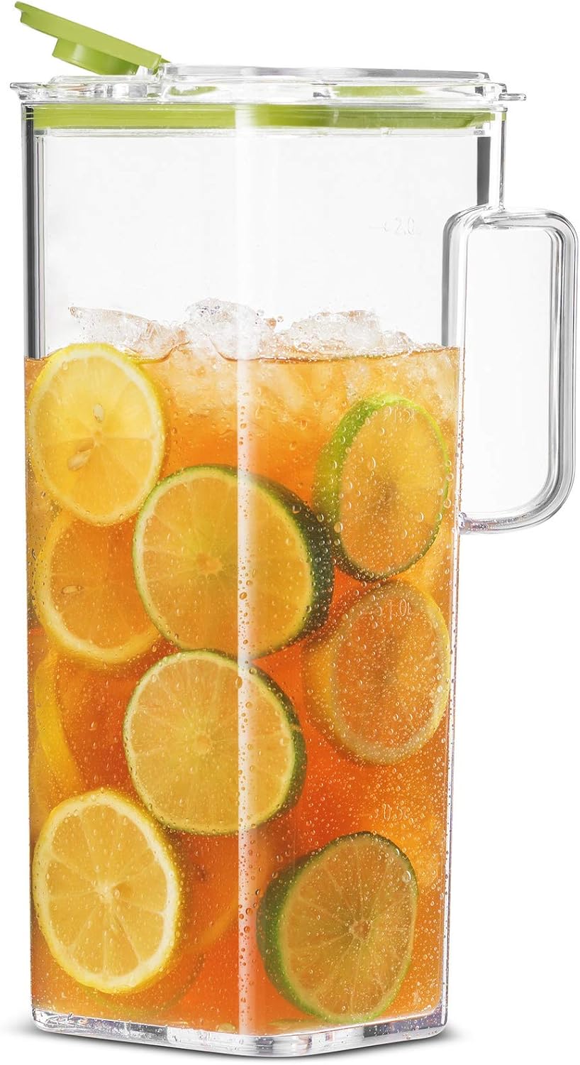 Komax Large Plastic Water Pitcher with Lid Square Water Carafe – BPA-Free, Dishwasher Safe – Water, Tea, or Juice Containers with Lids for Fridge (2.3 Liters)
