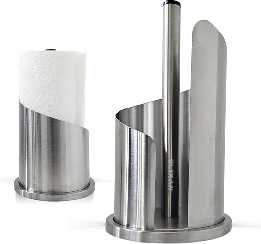 Stainless Steel Paper Towel Holder Countertop, Modern Spiral Cover Design,Keep Paper Towel Clean,Weighted Base for Stability, Freestanding Easy One-Handed Operation for Kitchen Bathroom,Silver