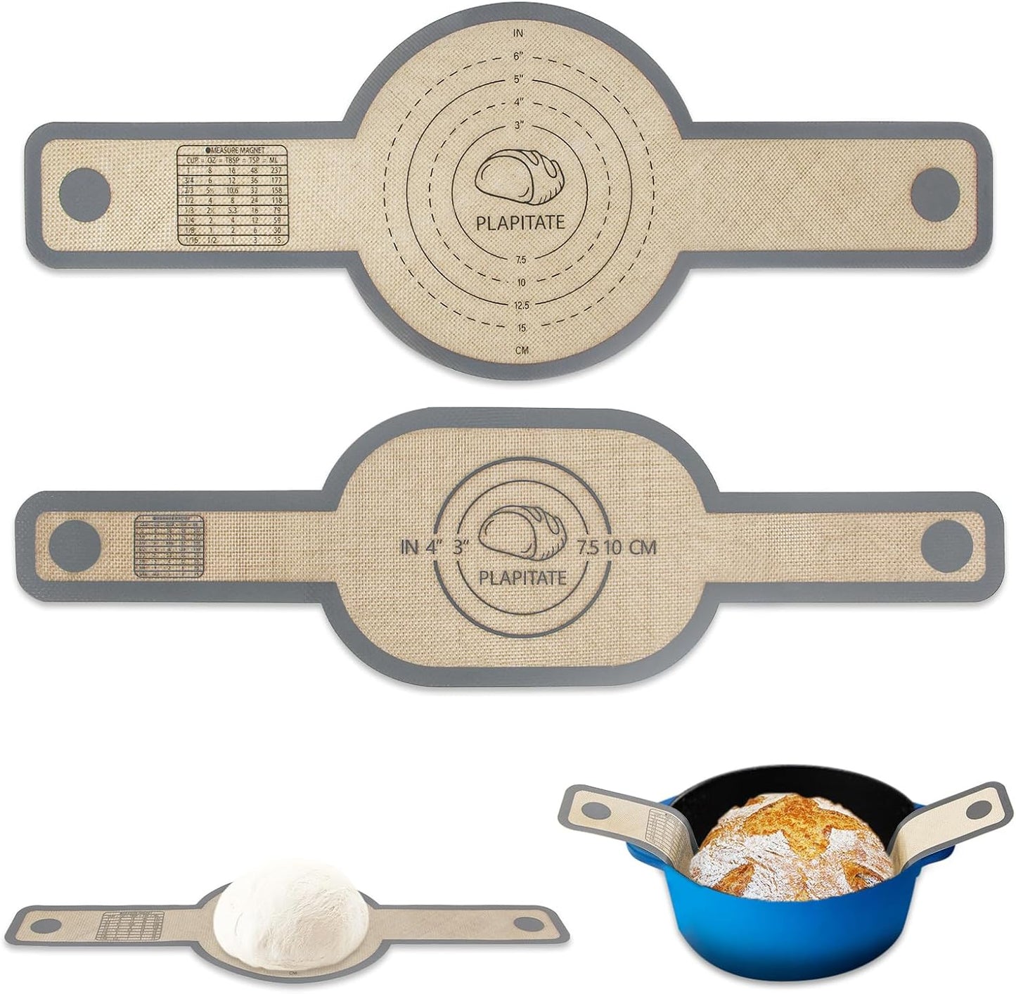 Silicone Bread Sling Dutch Oven Liner, Non-Stick & Easy Clean Reusable Oval and Round Silicone Bread Baking Mat with Long Handles, Easy to Transfer Sourdough Bread - 2 Gray Set
