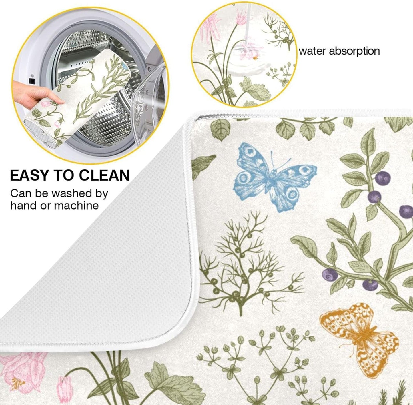 Herbs Flowers Botanical Butterfly Dish Drying Mat for Kitchen Counter Absorbent Microfiber Drying Pad, Medium 16x18 in, Reversible Drainer Mats