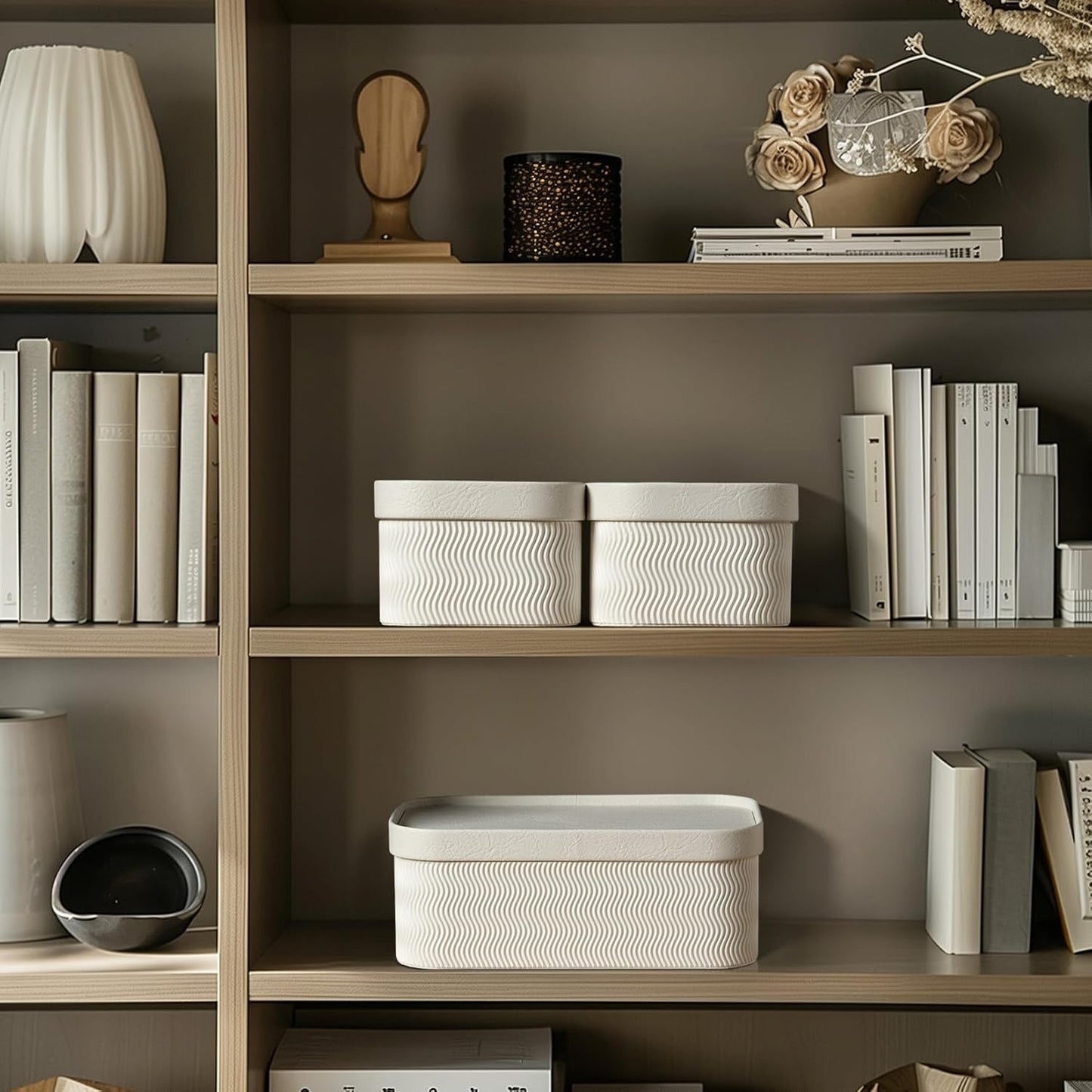 LA JOLIE MUSE Fluted Cardboard Storage Baskets with Leather-Like Lids, Paper Boxes Decorative Tray, Modern Basket Organizer Bins for Organizing,Eggshell White
