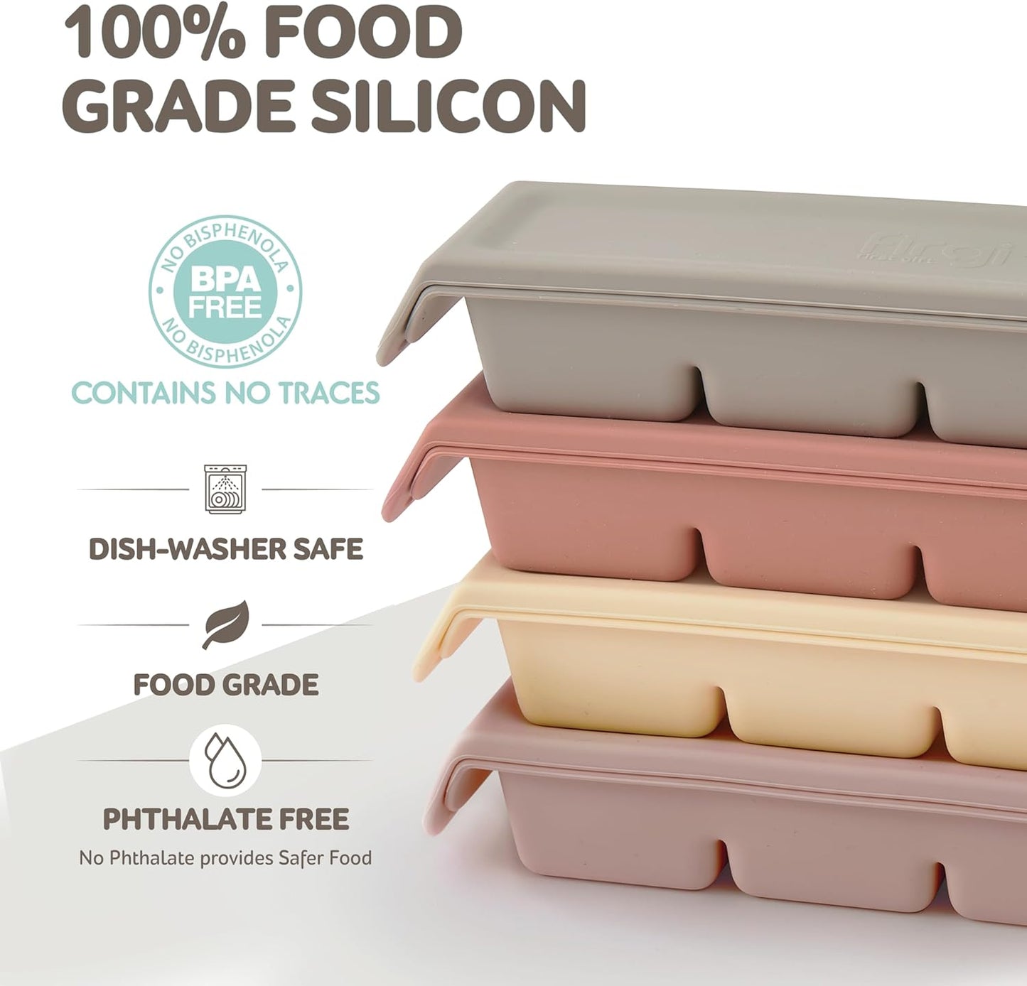 4 Section-1.7oz Gray 100% Food Grade Silicone Ice Cube Tray Food Container with Airtight Locking Lid, Fruit Vegetable Purees, Breastmilk Storage for Baby & Toddler Food | BPA Free Korea Made
