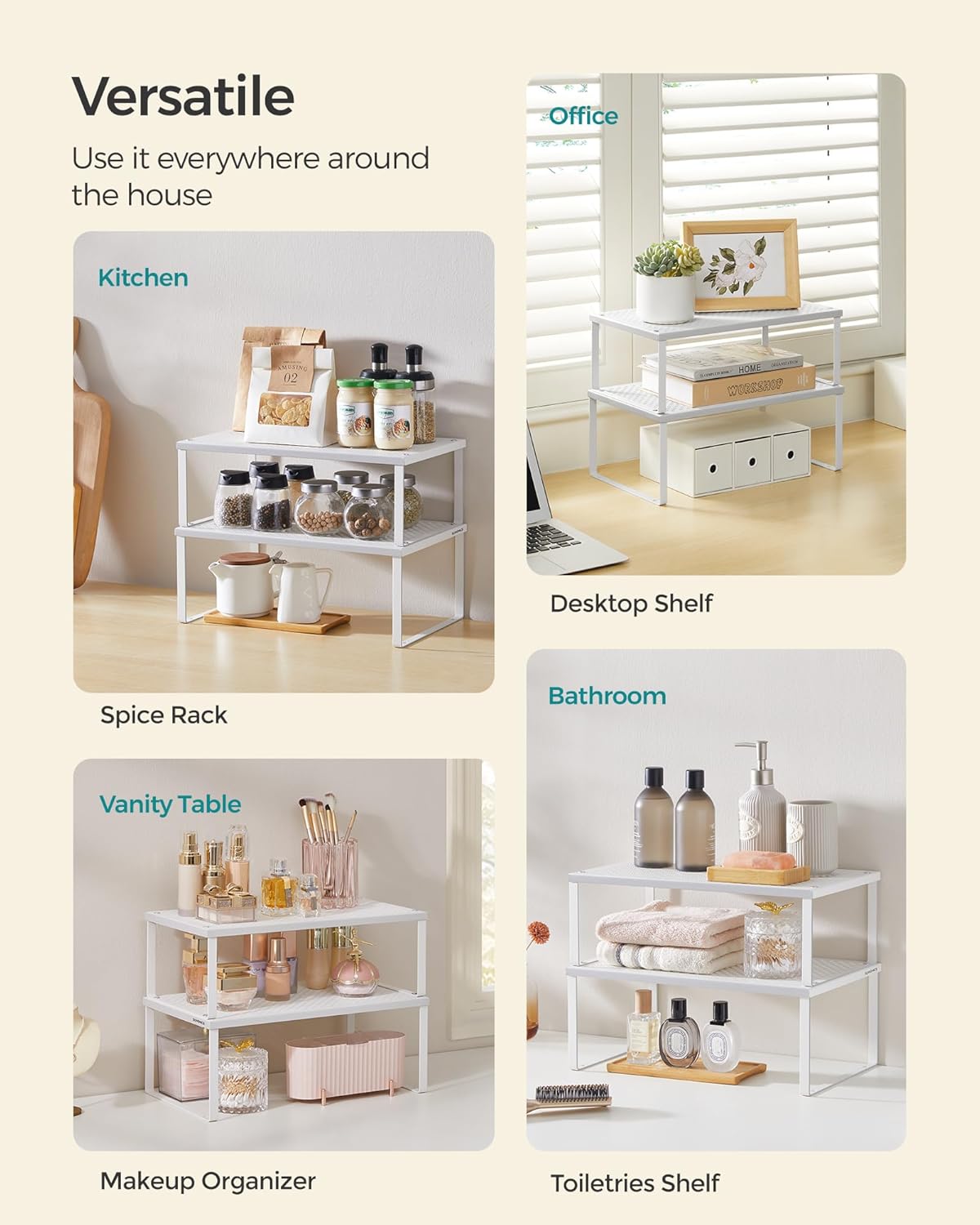 SONGMICS Spice Racks, Set of 2 Metal Cabinet Shelf Organizers, Countertop Organizers, Shelf Risers, Stackable, Expandable, White UKCS401W01