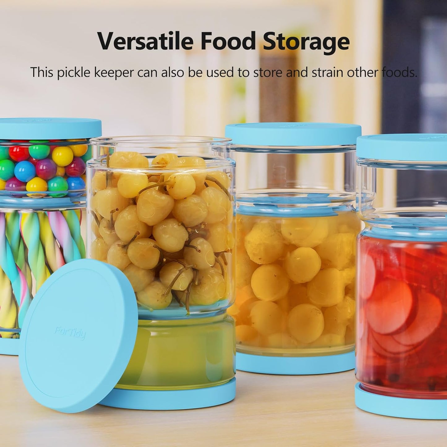 Glass Pickle Jar with Strainer Flip for Pickle Lover - 45 OZ Leakproof Airtight Juice Separator for Olive, Gherkin or Chilli, BPA Free, Dishwasher and Refrigerator Safe (Blue, 45 oz*1 pack)