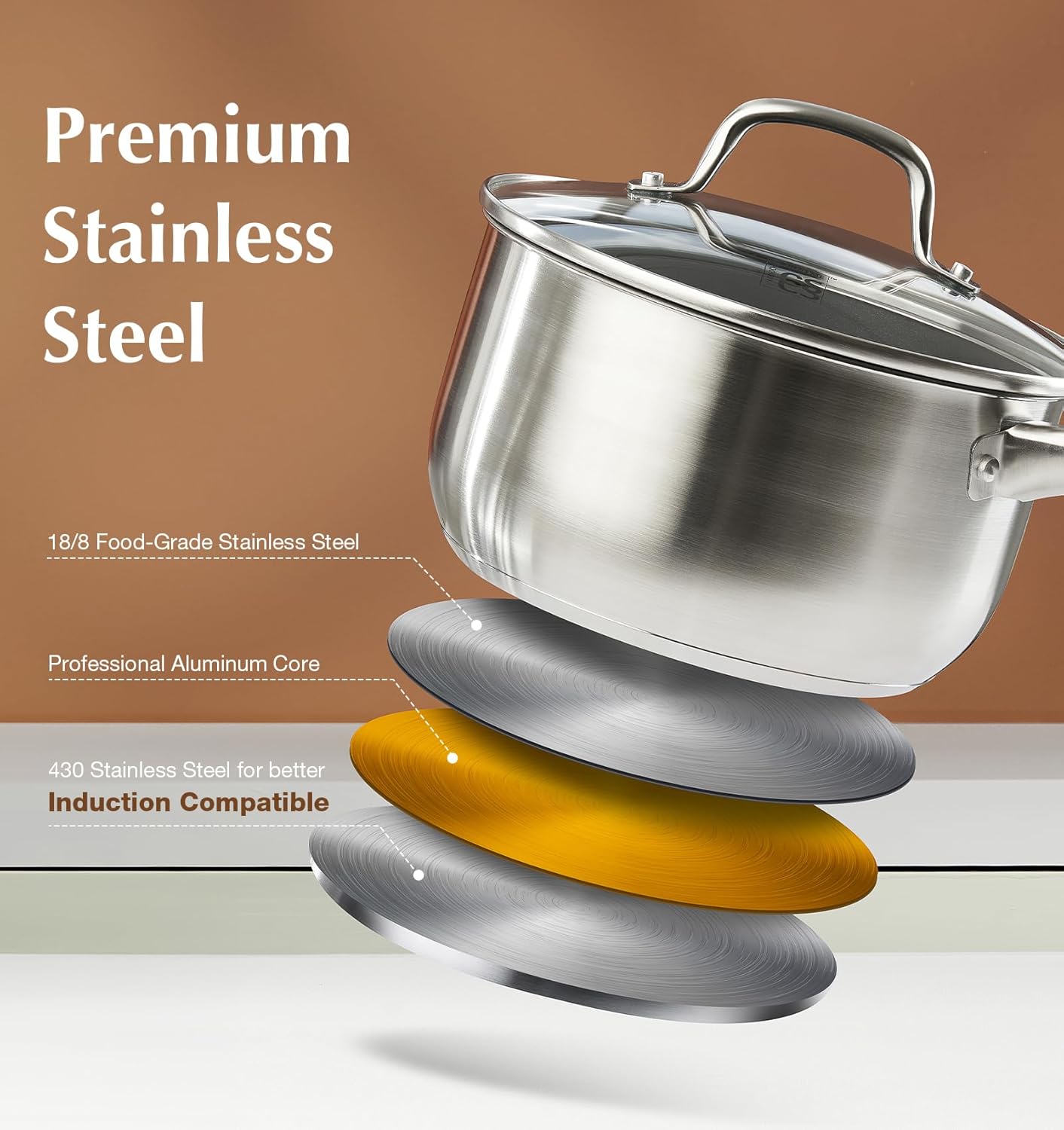 KOCH SYSTEME CS Stainless Steel Saucepan 2 Quart, Stainless Steel Saucepan with Ultra Nonstick Coating, 2 Quart Sauce Pan with Lid, Nonstick Pot 2QT, Easy to Clean, Oven Safe, Induction Compatible