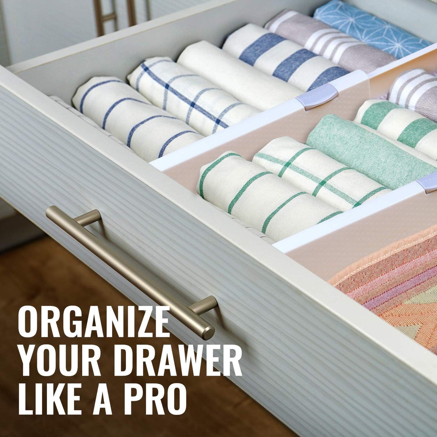 RAPTUROUS Adjustable Deep Drawer Divider – 5" Tall, Expandable 13-22", 5-Pack, Non-Slip Drawer Dividers for Clothes, Dresser, Kitchen & Office Organization (White)
