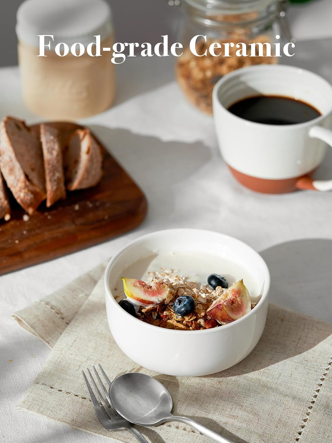 DOWAN 22 OZ Ceramic Cereal Bowls - 5.25" White Soup Bowls Set of 6 for Kitchen, Bouillon Cups for Cereal, Soup, Oatmeal, Rice, Dishwasher & Microwave Safe