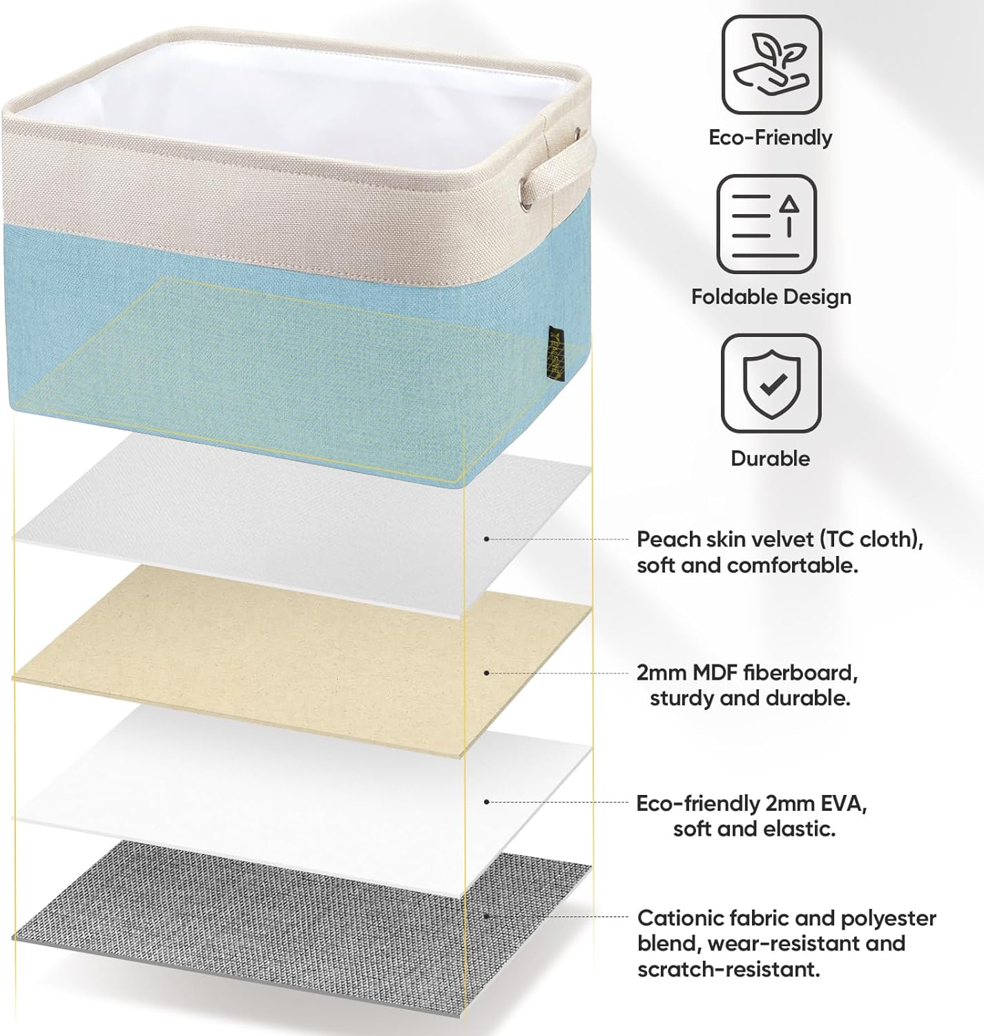 BALEINE 3 Pack Fabric Storage Bins for Shelves, Linen Storage Baskets for Organizing, Decorative Closet Bins for Clothes, Home (Skyblue, 15''x11''x9.5'')