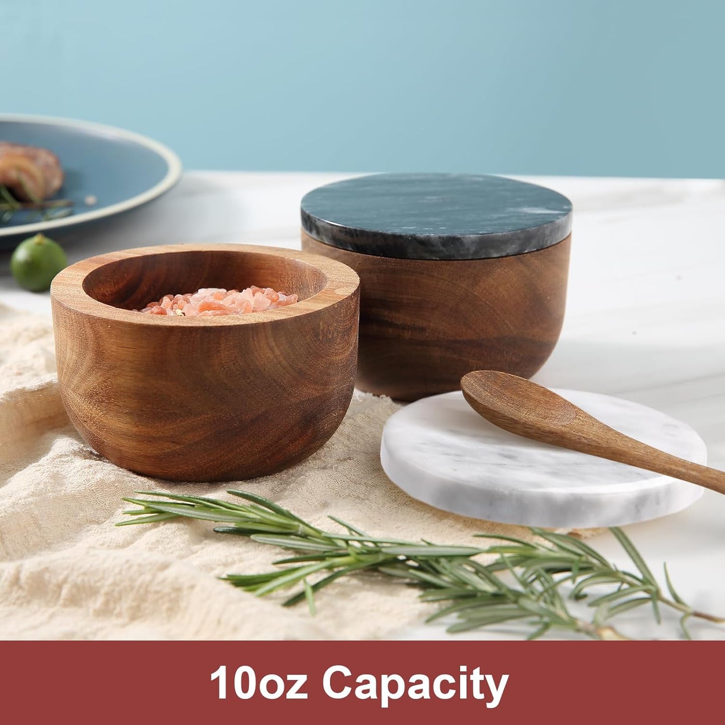 Large Wood Salt Box salt cellar with Spoon Spice Seasonings Keeper Salt Container Solid Natural Acacia Base Black Marble Lid Decorative Box salt keeper Big Capacity Spice Cellar