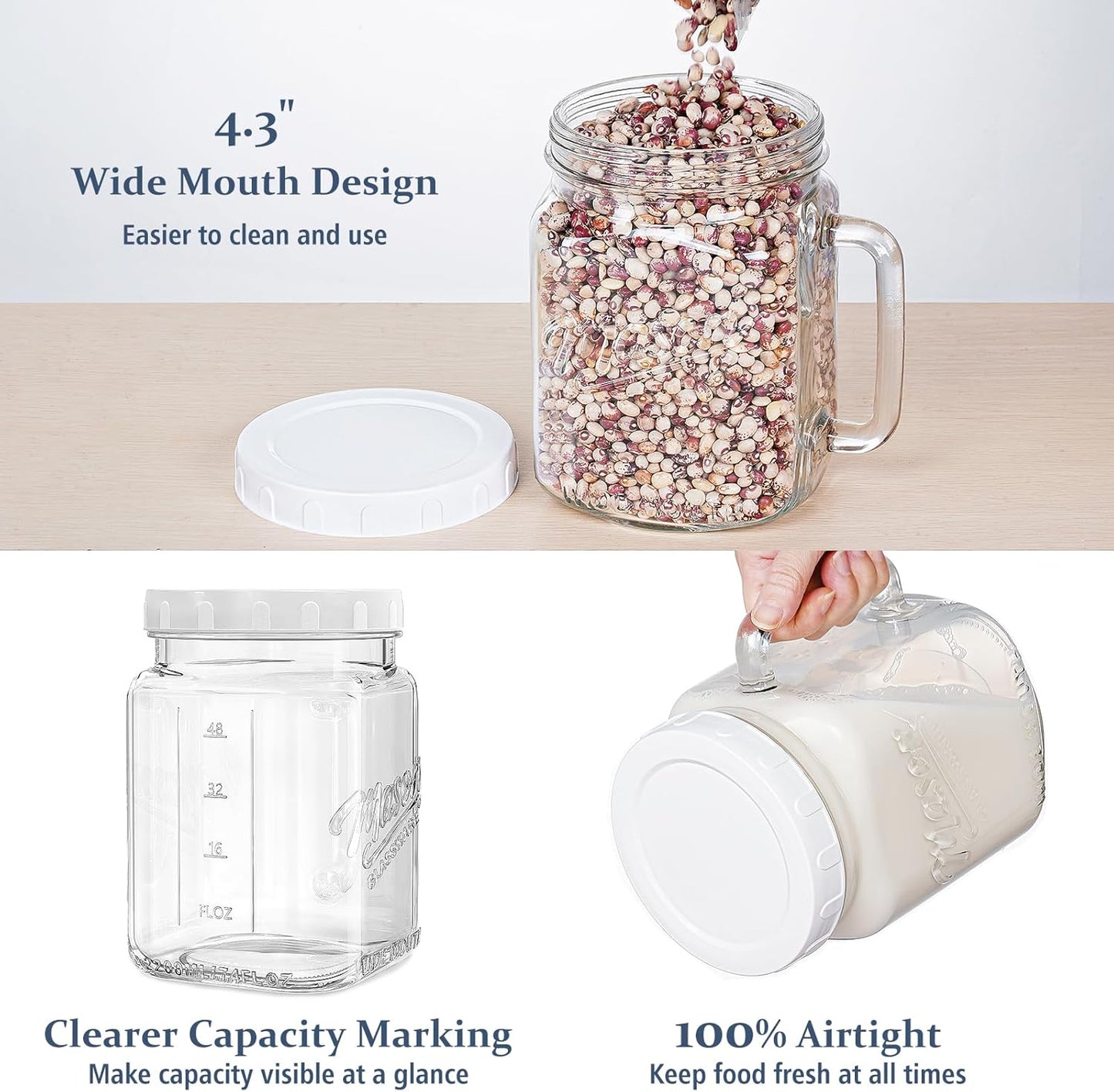 74 oz/2160 ml Glass Jar with Lid, Wide Mouth Airtight Glass Storage Jar, Quart Pantry Organization Mason Jar For Fridge, Food Storage Container For Sugar, Flour, Pickle, Coffee, Candy