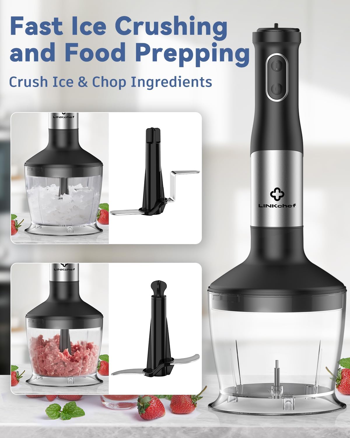 LINKChef 7 in 1 Immersion Blender Handheld, 800W Hand Blender Set, Scratch Resistant with 2 Titanium Steel Blades, 20 Speed and Turbo Mode, Includes Whisk, Milk Frother, Food Processor & Beaker