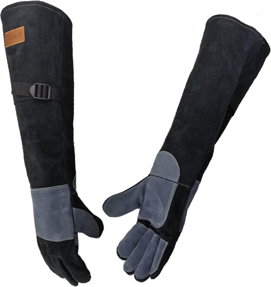 23.6 In Leather Welding Gloves for Animal Handling,Grabbing Reptile, Grooming,Trips to Vet,BBQ,Fireplace.Puncture & Scratch Resistant, Bite Proof for Cat Dog Bird Falcon Livestock Snake XL Black