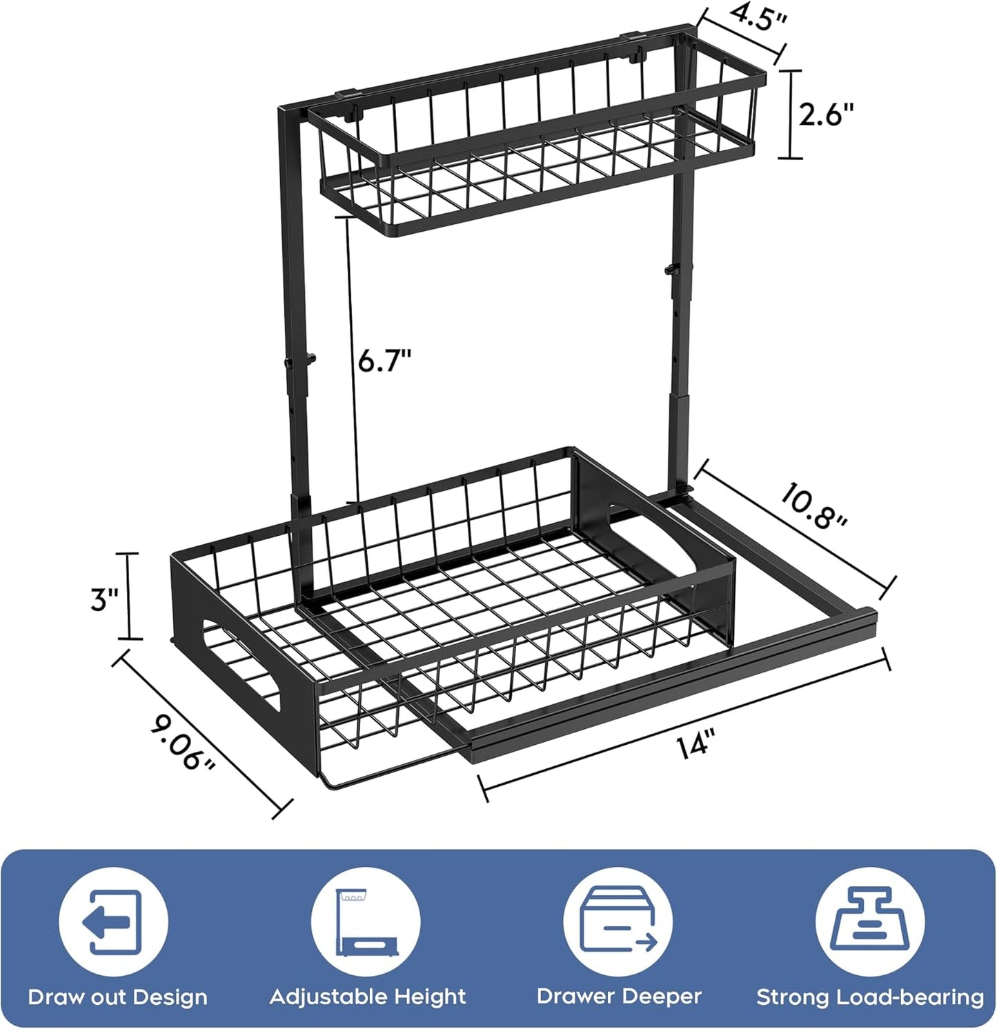 Under Sink Organizer, 2 Pack Height Adjustable Cabinet Organizer with Slide Out Drawer, Pull Out Under Sink Storage, Multi-Purpose 2 Tier Sink Shelves for Kitchen Bathroom Pantry (Black, 2 Pack)