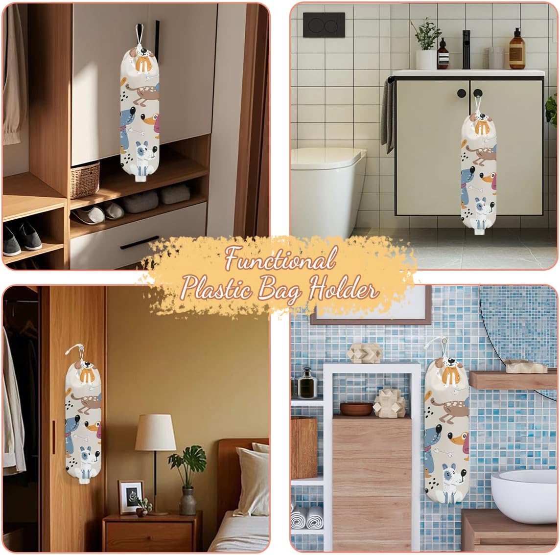 Dog Plastic Bag Holder, Wall Mount Grocery Bag Holder, Plastic Storage bag, Pull Rope Free Adjustment, Plastic Bag Holders for Grocery Bags, Plastic Bag Dispenser for Home Kitchen, Dog Lover Gifts
