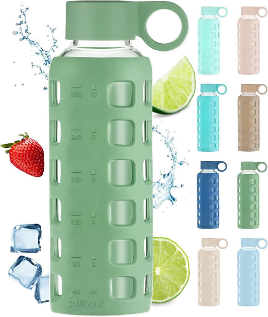 purifyou 40oz / 32oz / 22oz / 12oz Borosilicate Glass Water Bottle with Time & Volume Markers, Silicone Sleeve, Stainless Steel Lid – Reusable Glass Bottle for Water & Juice (12oz Shale Green)