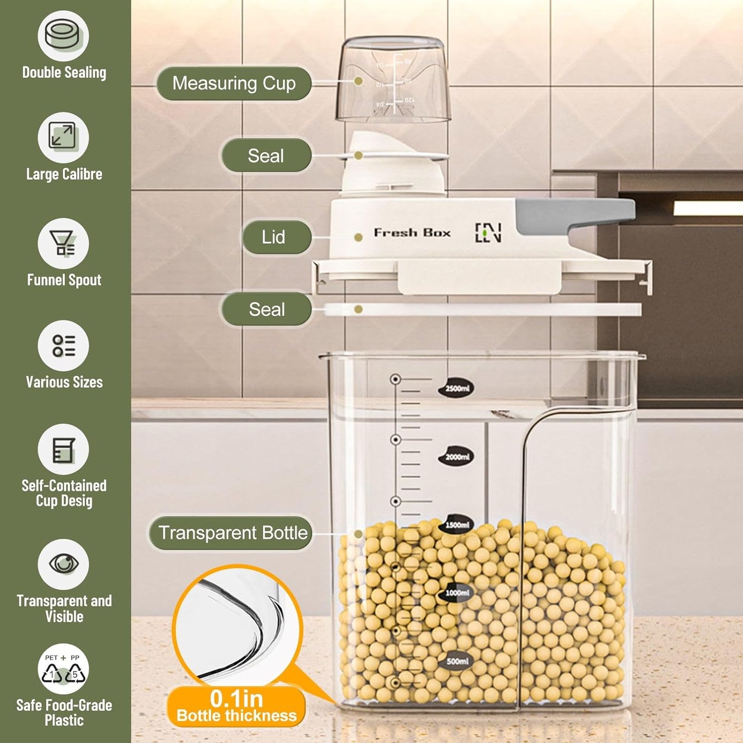 Cereal Storage Container 4Pack,44oz/1.3L Airtight Food Storage Containers With Lids,Organizers Storage With Measuring Cup for Beans,Sugar,Rice,Nuts,Snacks,Pet Food,Candy