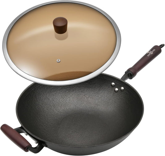 HONGJIANG Cast Iron Wok Pan, 13.4" Pre-Seasoned Flat Bottom Wok,Coating-Free Wok Stir Fry Pan With Glass Lid,Compatible Traditional Chinese Wok For Induction, Electric, Gas,Open Fire