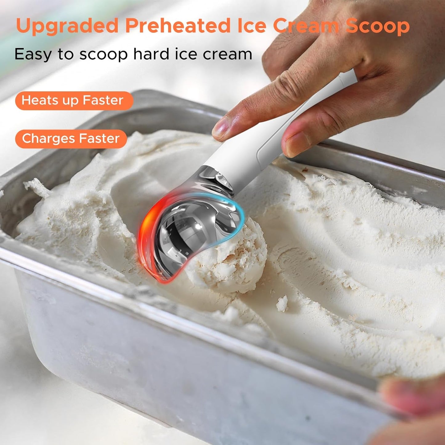 LT LAUDTEC Heated Ice Cream Scoop, Rechargeable Electric Warming Scooper, Heats to 158F for Hard Ice Cream, IP67 Waterproof, Easy for Seniors & Kids (White)