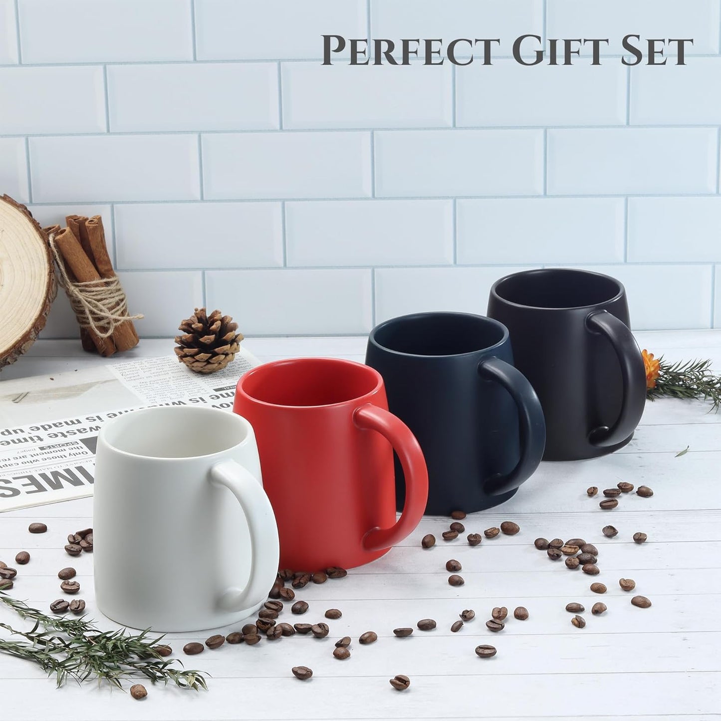 Classic Mug, 14 oz Large Coffee Mug with Handle, Ceramic Porcelain Tea Cup, Smooth Matte (Sliding Lid, Red)