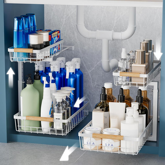 2 Pack Under Sink Organizers and Storage, Height Adjustable Under Sink Storage, Under Cabinet Organizer, Metal 2 Tier Pull out Cabinet Organizer, Bathroom Organizers and Storage, White