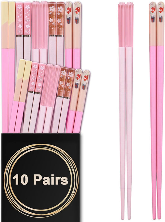 Chopsticks Reusable Dishwasher Safe, GLAMFIELDS 10 Pairs 9.5 Inches Premium Fiberglass Chop Sticks Set for Sushi, Ramen, Asian Cuisine, Non-slip, Pink