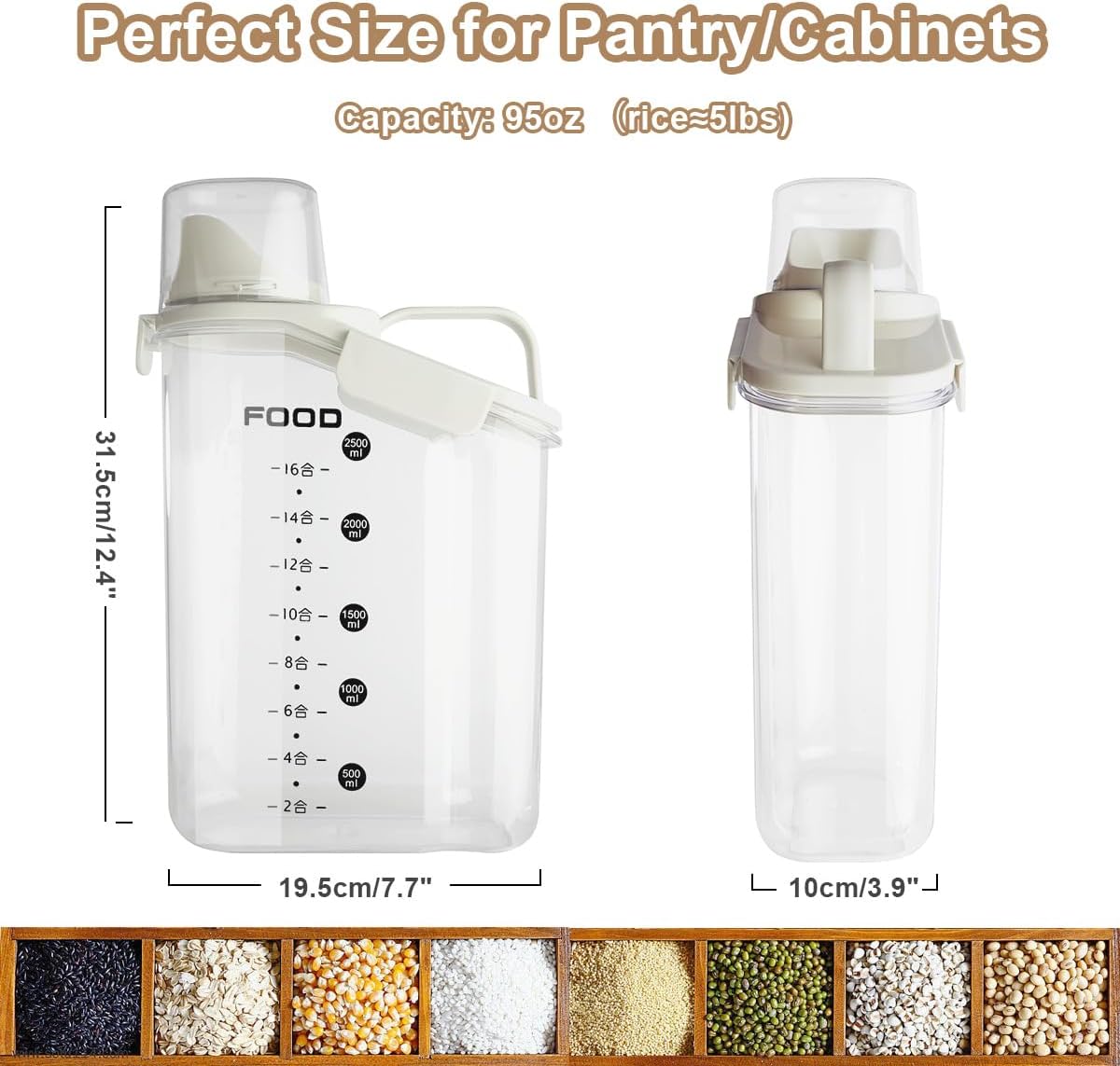 2 PCS Airtight Storage Containers, 2.8L/95fl.oz Cereal Rice Holder, Dog Cat Food Dispenser with Measuring Cup, BPA Free Clear Plastic Kitchen Pantry Organization Bin, 1 Blue+1 White