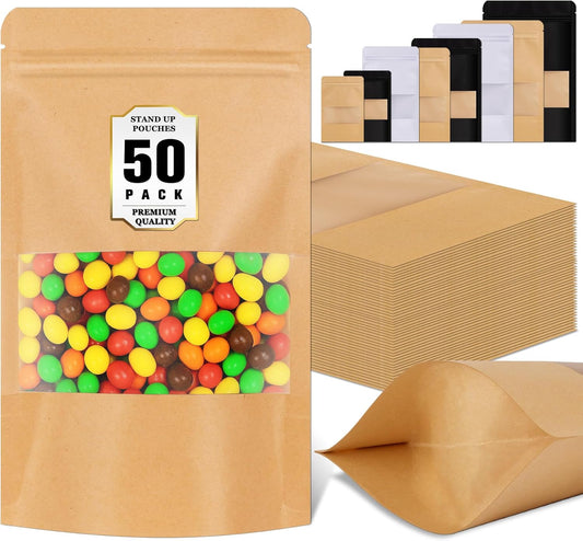 Jetmore-50pack-Smell-Proof-Bag, Reusable Zip Lock Bags with Window, Resealable Stand Up Packaging Bags, Brown Paper Pouches for Coffee, Tea, Herbs, Spice, Snack, Baked Goods, Goodie Bags