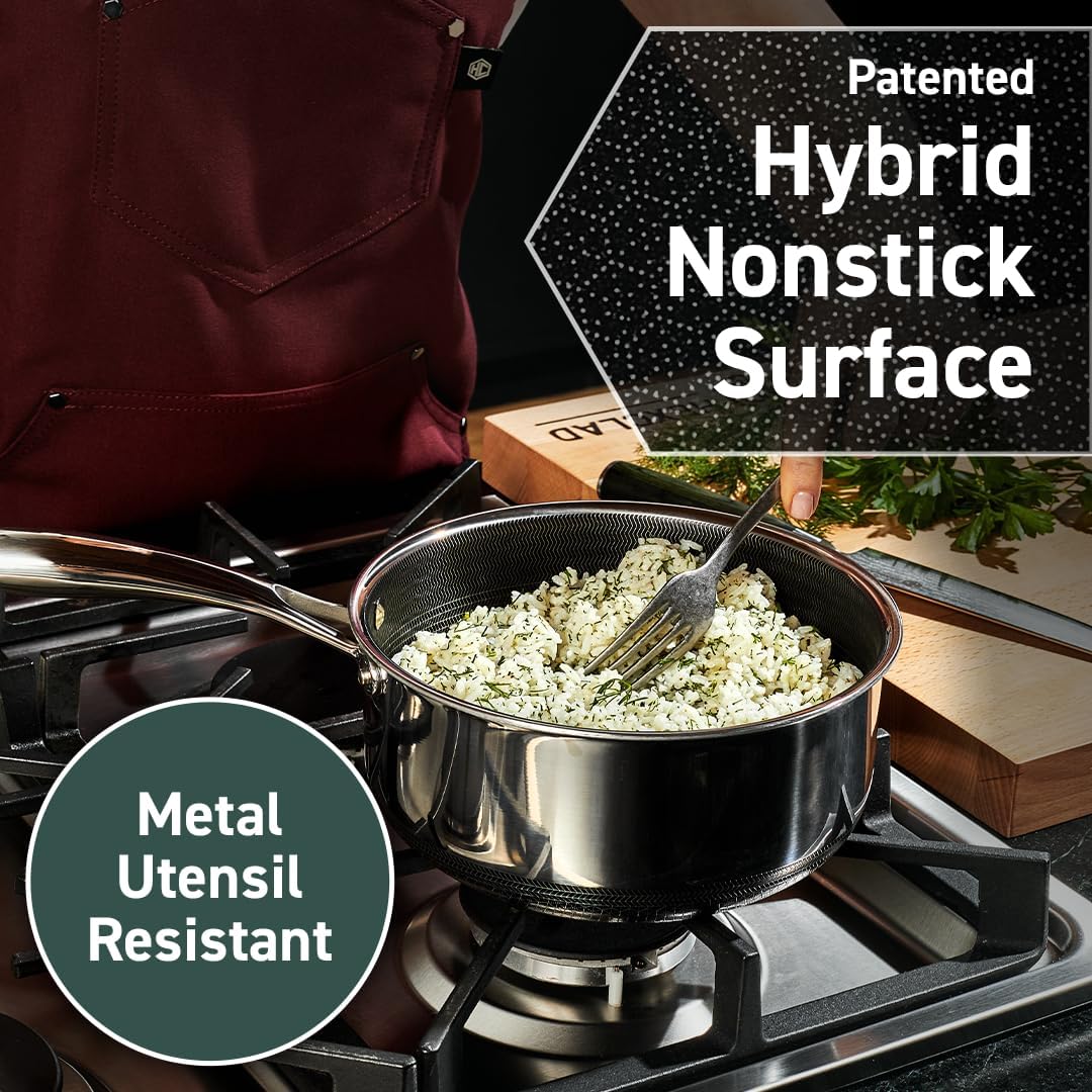 HexClad Hybrid Nonstick 3-Quart Saucepan with Tempered Glass Lid, Stay-Cool Handle, Dishwasher-Friendly, Oven-Safe Up to 900°F, Induction Ready, Compatible with All Cooktops