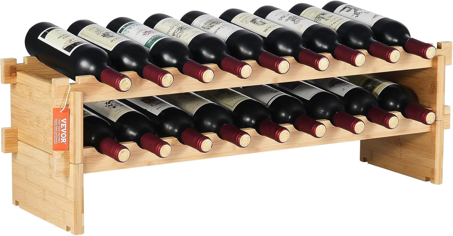 VEVOR 18 Bottle Stackable Modular Wine Rack, 2-Tier Solid Bamboo Wood Storage Racks, Floor Freestanding Wines Holder Display Shelf, Wobble-Free Shelves for Kitchen, Bar, and Cellar (Natural Color)