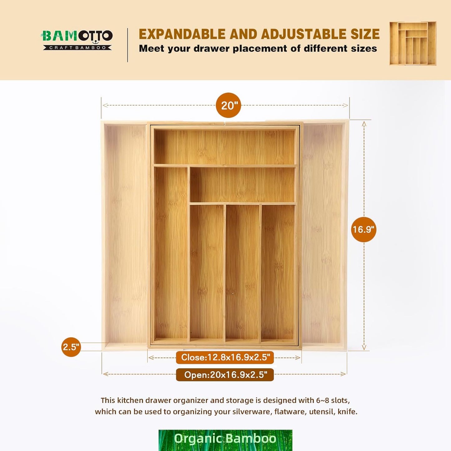 Expandable Bamboo Drawer Organizer – Large 20"x16.9" Size with Adjustable Dividers – for Kitchen Utensils, Knives, Cutlery, Flatware & Silverware Storage Tray