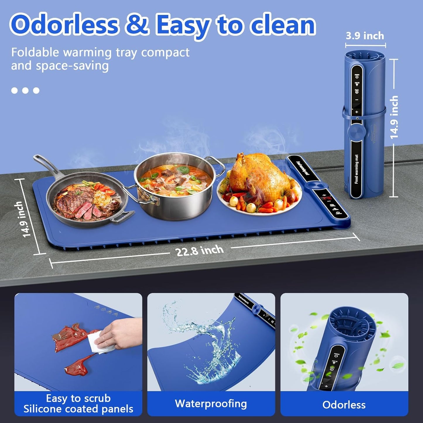 Electric Food Warming Tray - 8s Fast Heating, 9 Temp Levels & 6H Timer, Auto Shut-Off, Child Lock, Portable Silicone Warmer Mat for Buffet, Parties, Daily Use (22.8in x 14.9in, 330W)
