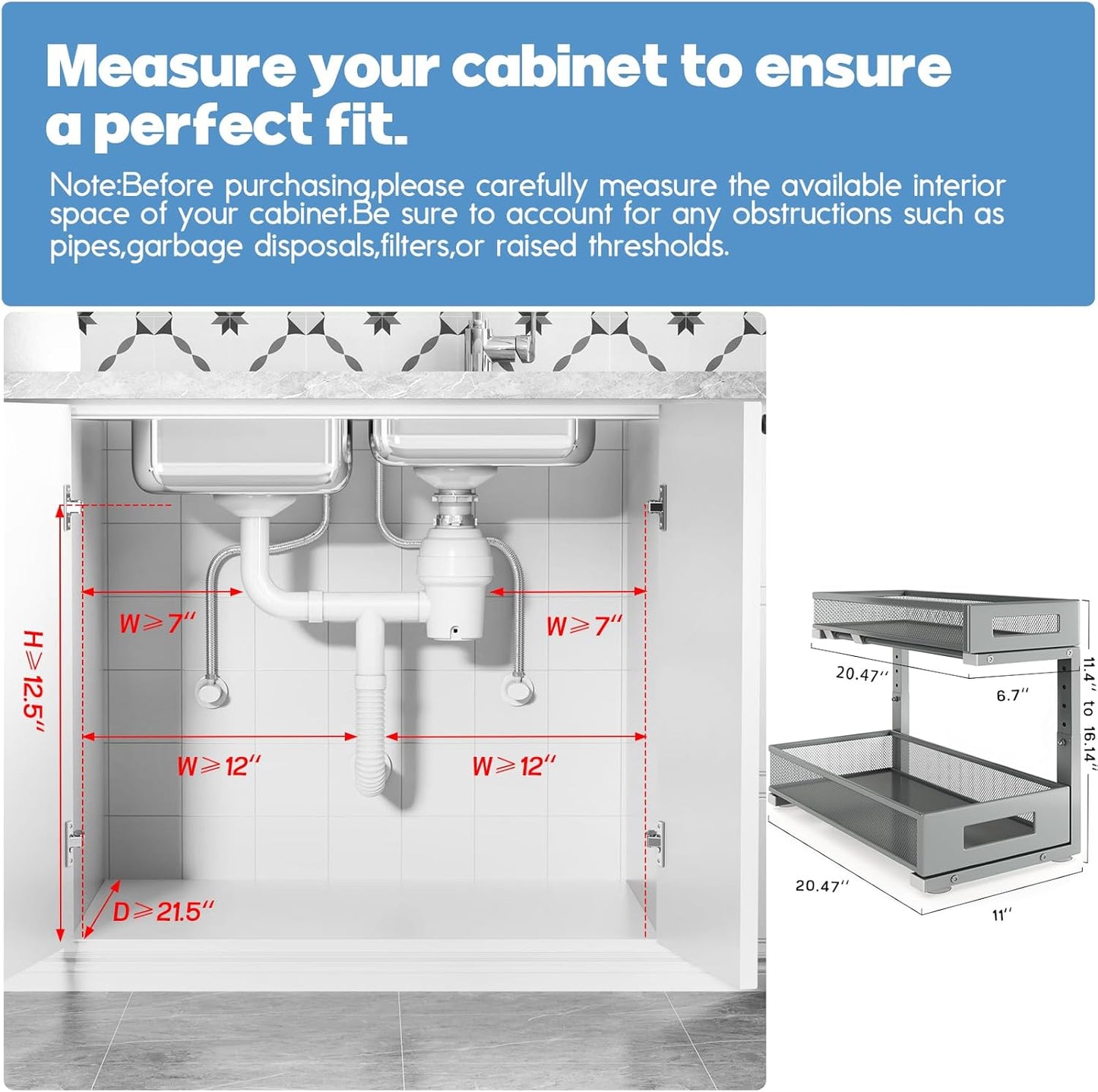 2 Pack 20.47IN Depth Under Sink Storage Organizer, Large 2-Tier Elegant Mesh Pull Out Shelf for Kitchen and Bathroom Cabinet Organization, L-Shaped and Adjustable Height Design-Gun Gray
