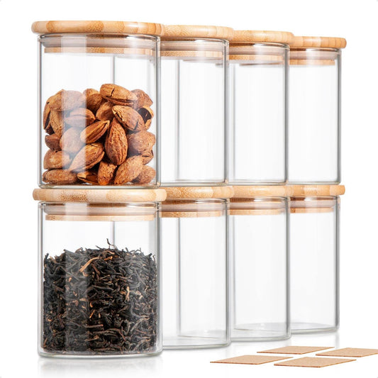12 FL Oz Glass Jars with Bamboo Lid Set, 8Pack UPGRADE Clear Food Storage Canisters Kitchen Pantry Containers, for Spice Herb Nuts Tea Seed Seasoning Dry Foods Bean Sugar Snack Candy