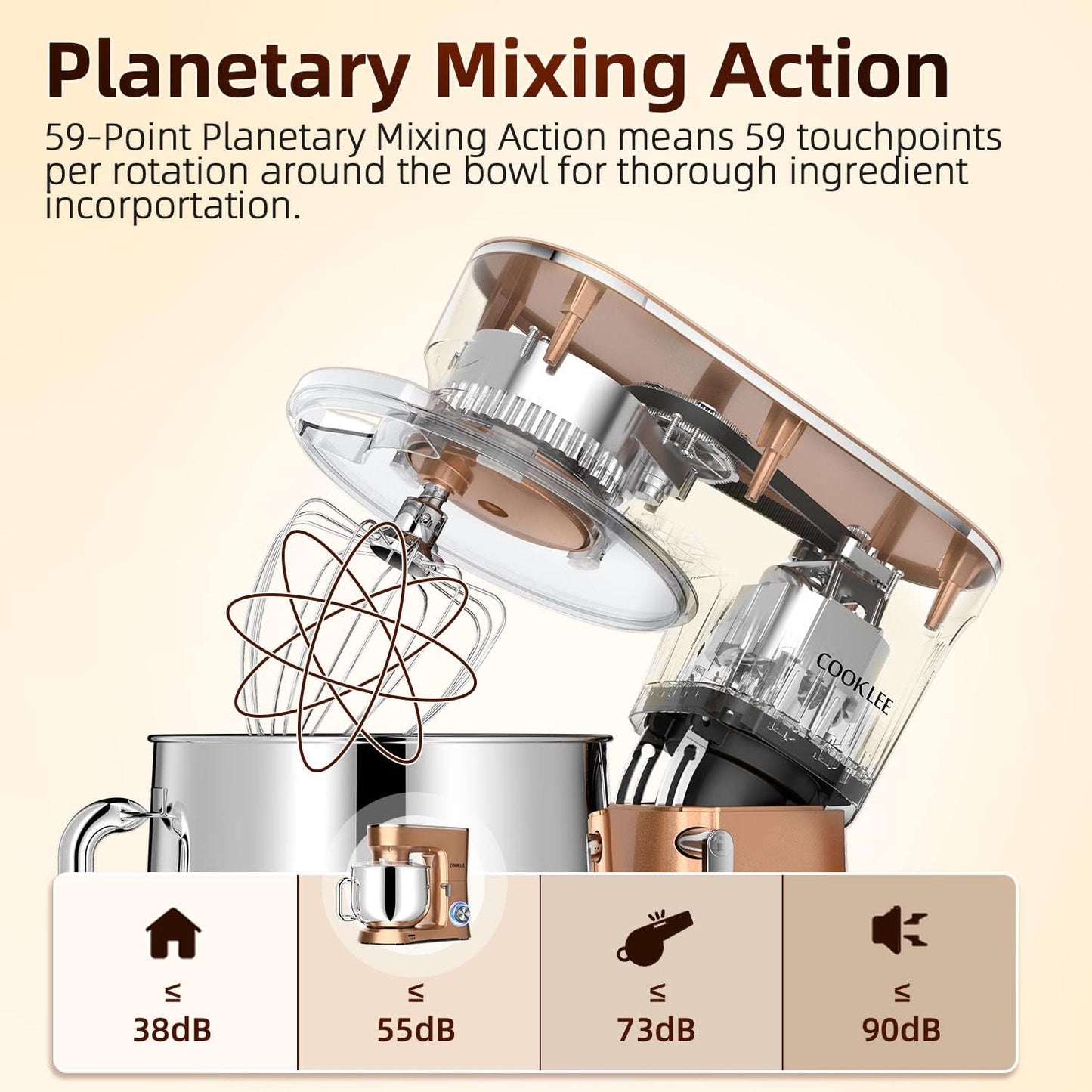 COOKLEE Stand Mixer, 9.5 Qt. 660W 10-Speed Electric Kitchen Mixer with Dishwasher-Safe Dough Hooks, Flat Beaters, Wire Whip & Pouring Shield Attachments for Most Home Cooks, Champagne