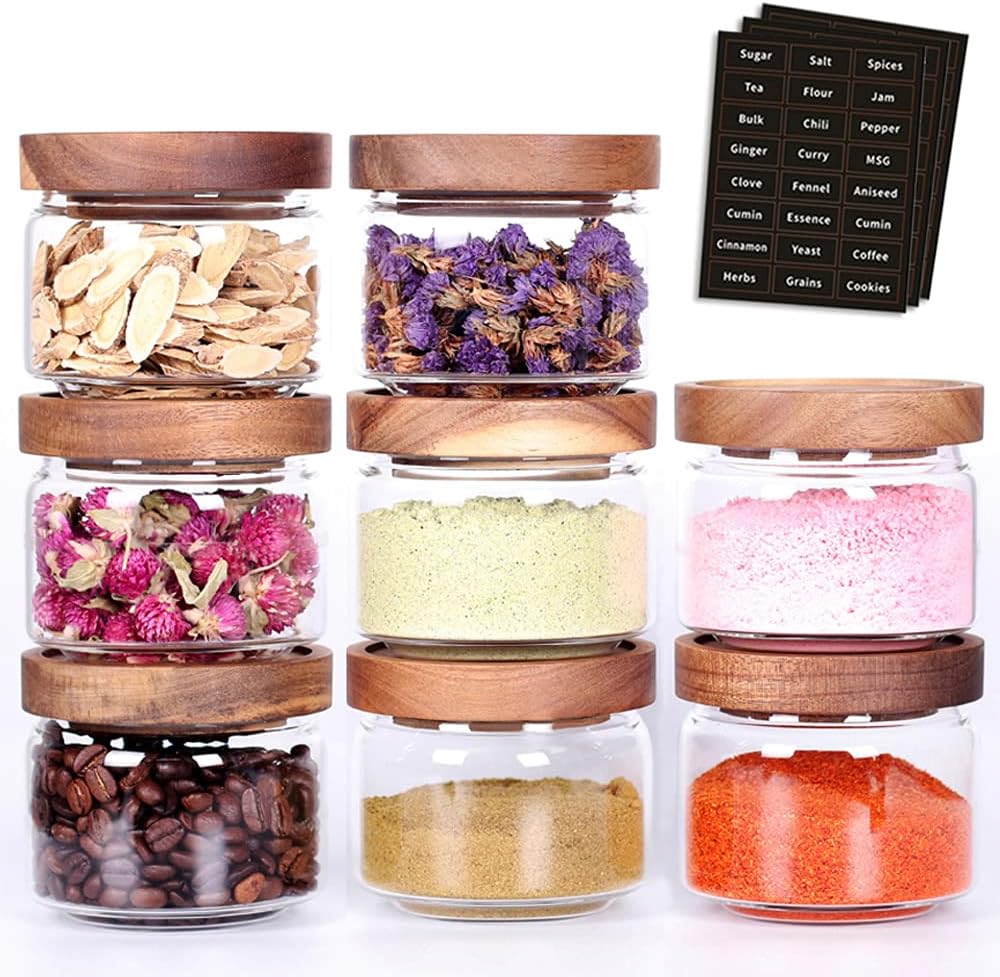 8 Pcs Spice Containers - 8.5oz Glass Spice Jars With Acacia Airtight Lid and Labels - Stackable Empty Round Spice Bottles for kitchen Seasoning, coffee bean, tea, suger, herbs