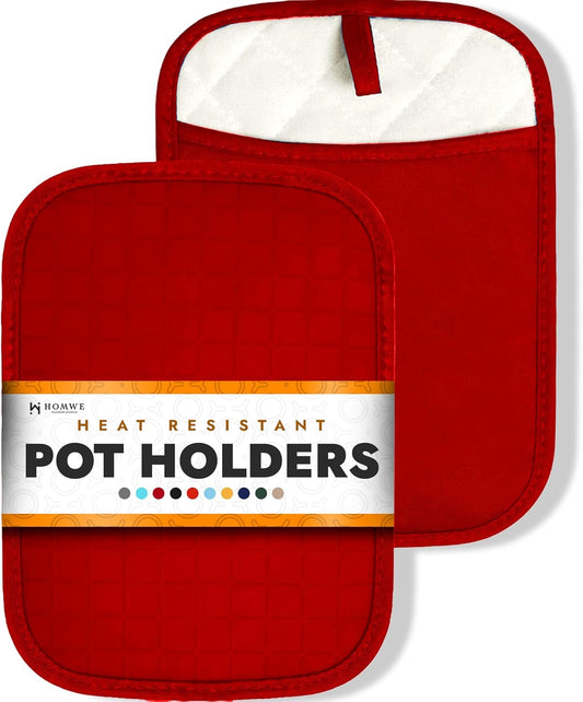 HOMWE Silicone Kitchen Pot Holders, 2 Pc Set Trivets, Steam and Heat Resistant Hand and Countertop Protection Hot Pads, Non-Slip Grip, Terrycloth Interior Lining, Red