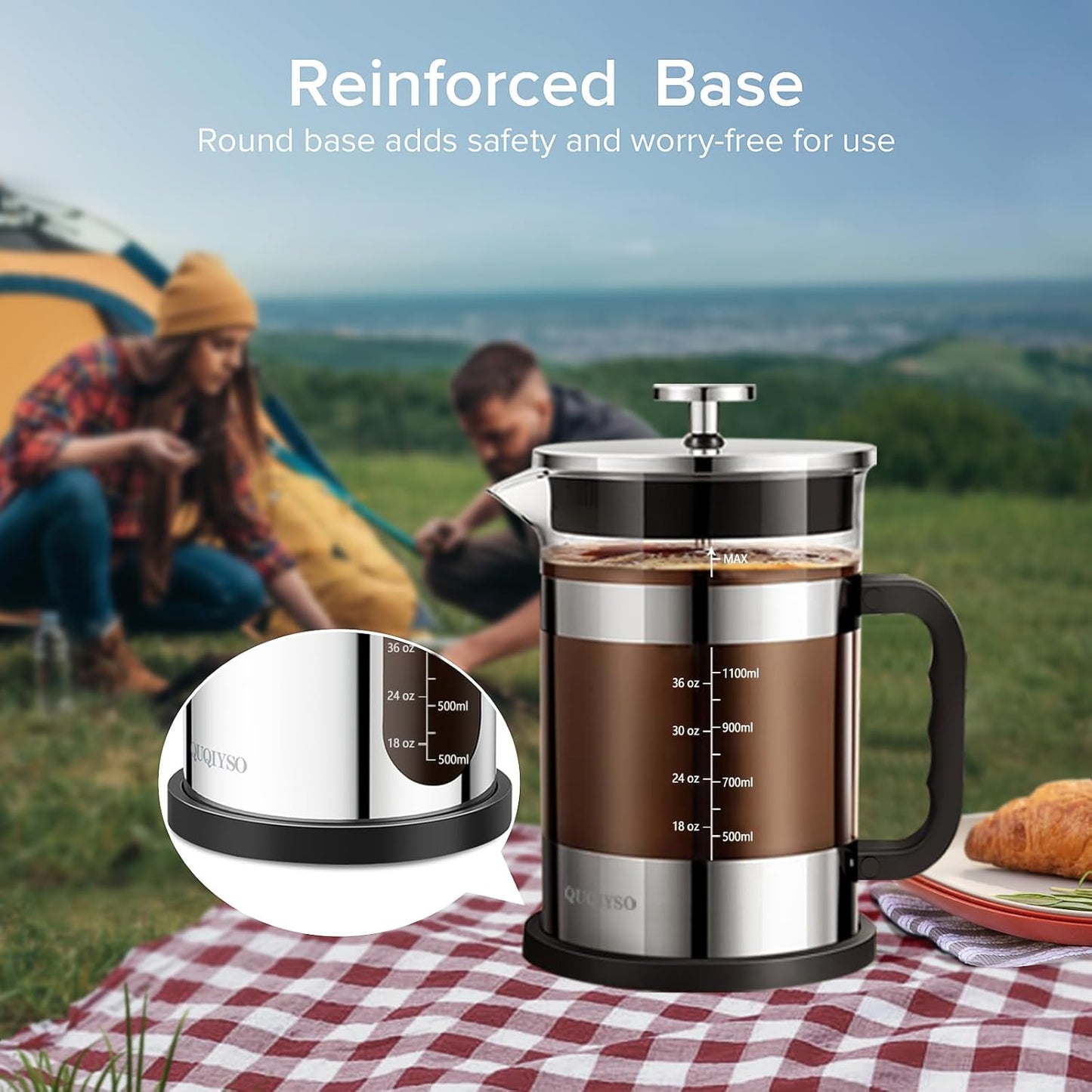 QUQIYSO French Press Coffee Maker 51oz 304 Stainless Steel French Press with 4 Filter, Heat Resistant Durable, Easy to Clean, Borosilicate Glass Coffee Press, Sliver