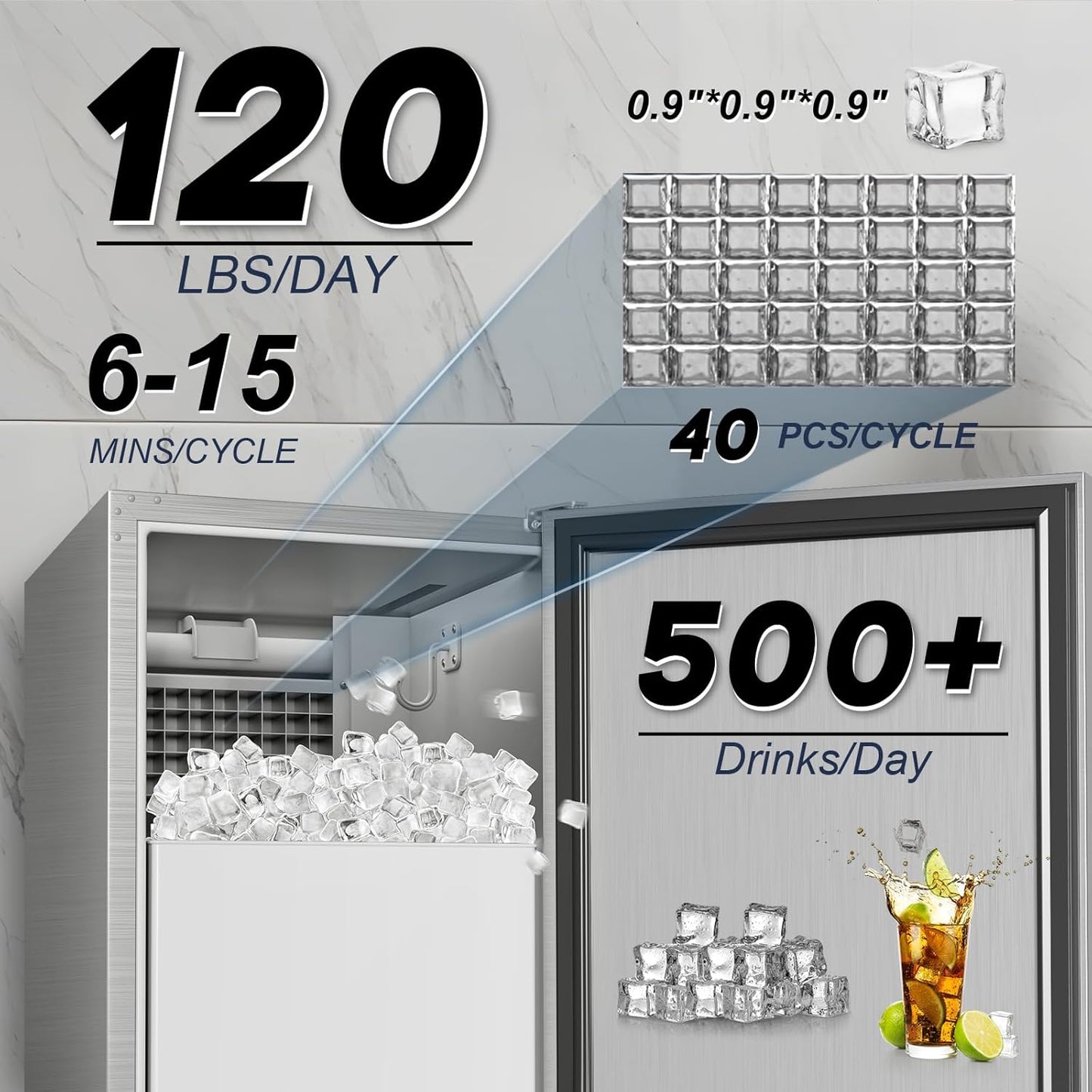 Commercial Under Counter Ice Maker Machine - 120 LBS/Day, Built in Installation, Auto-Clean,Reversible Door, Built 25LBS Ice Storage, Stainless Steel Ice Machine for Home & Business Outdoor Use
