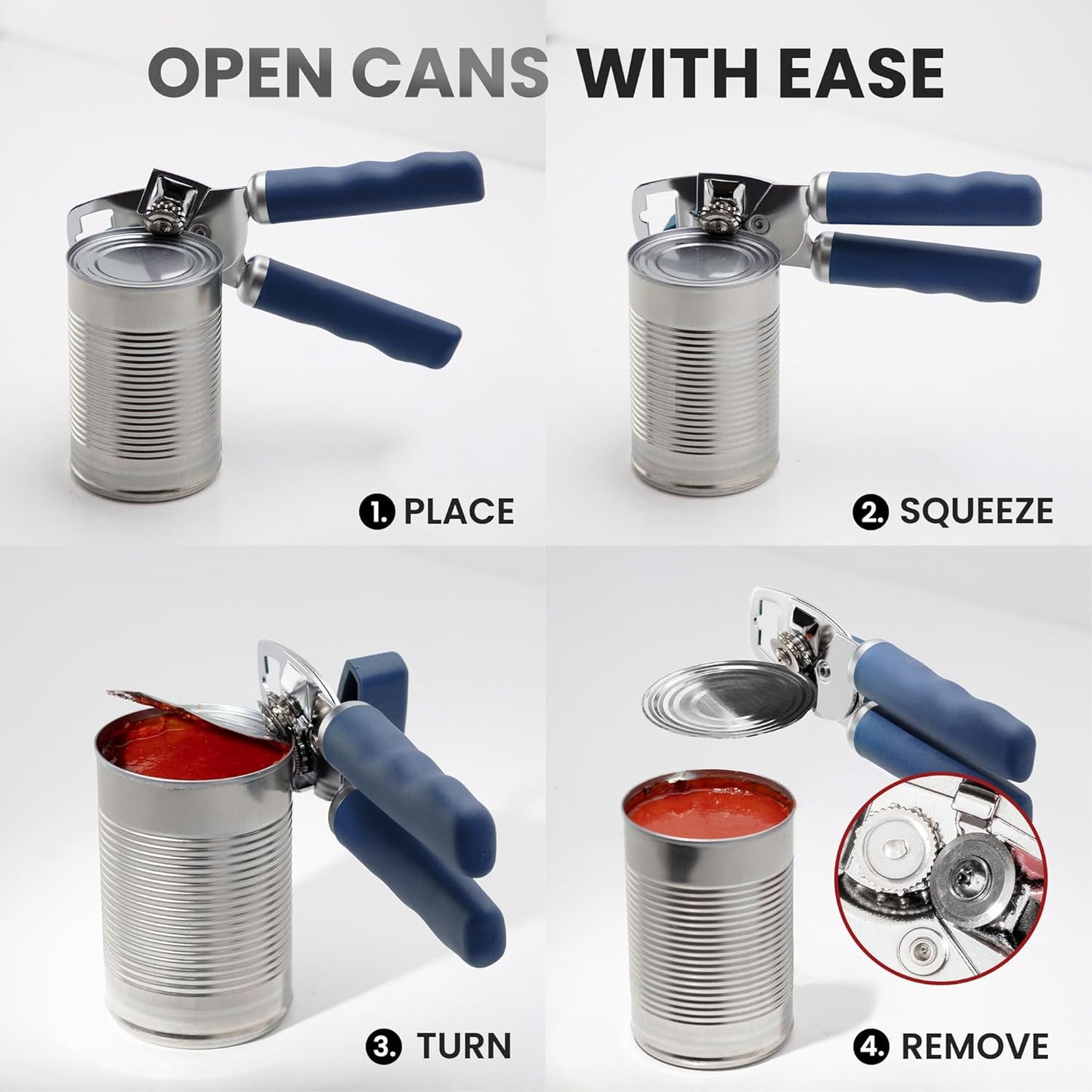 Zulay Kitchen Heavy Duty Stainless Steel Can Opener Manual with Bottle Opener - Rust Proof Manual Can Opener With Turn Knob & Comfy Soft Grip Handles - Blue