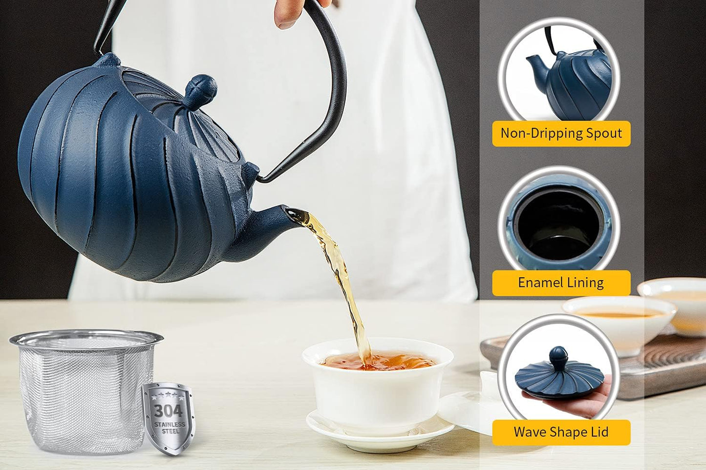 Tea Kettle, TOPTIER Japanese Cast Iron Teapot with Infuser, Cast Iron Tea Kettle Stovetop Safe, Wave Design Teapot Coated with Enameled Interior for 30 Ounce (900 ml), Midnight Black