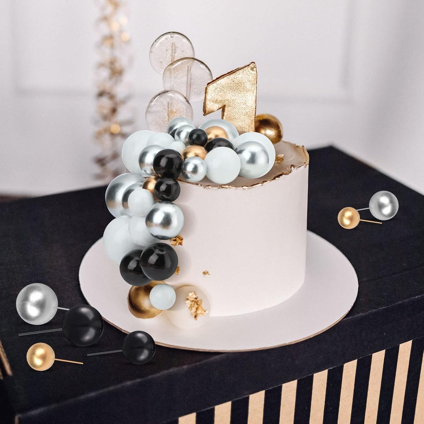 108 Pcs Balls Cake Topper DIY Cupcake Insert Foam Balloons for Cake Baking Wedding Anniversary Birthday Decoration(Black, Silver, White, Gold,Multi Sizes)