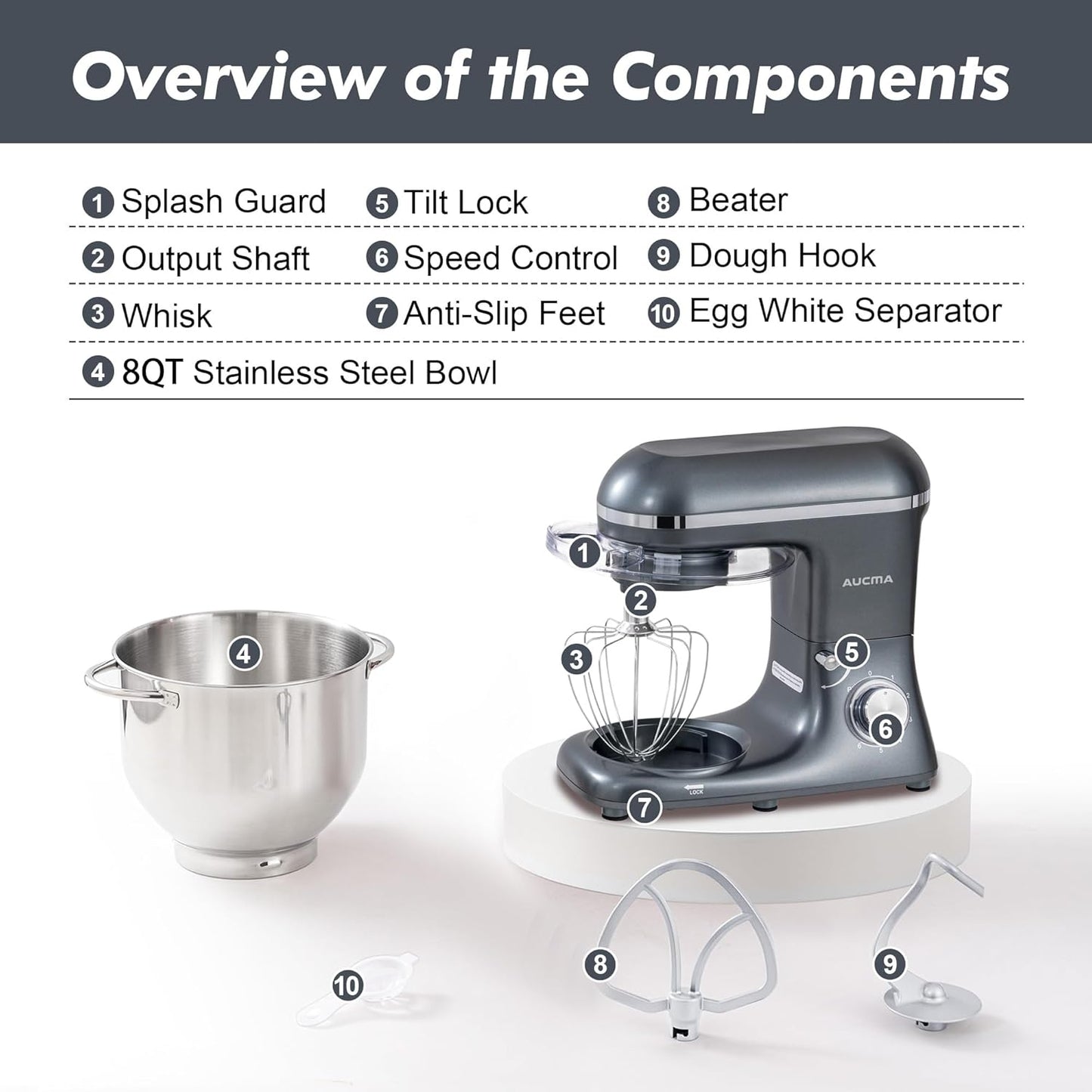 Aucma Stand Mixer, 900W 8QT Large Kitchen Mixer, Kitchen Electric Mixers with Dough Hook, Wire Whip & Beater (Gray, 8QT)