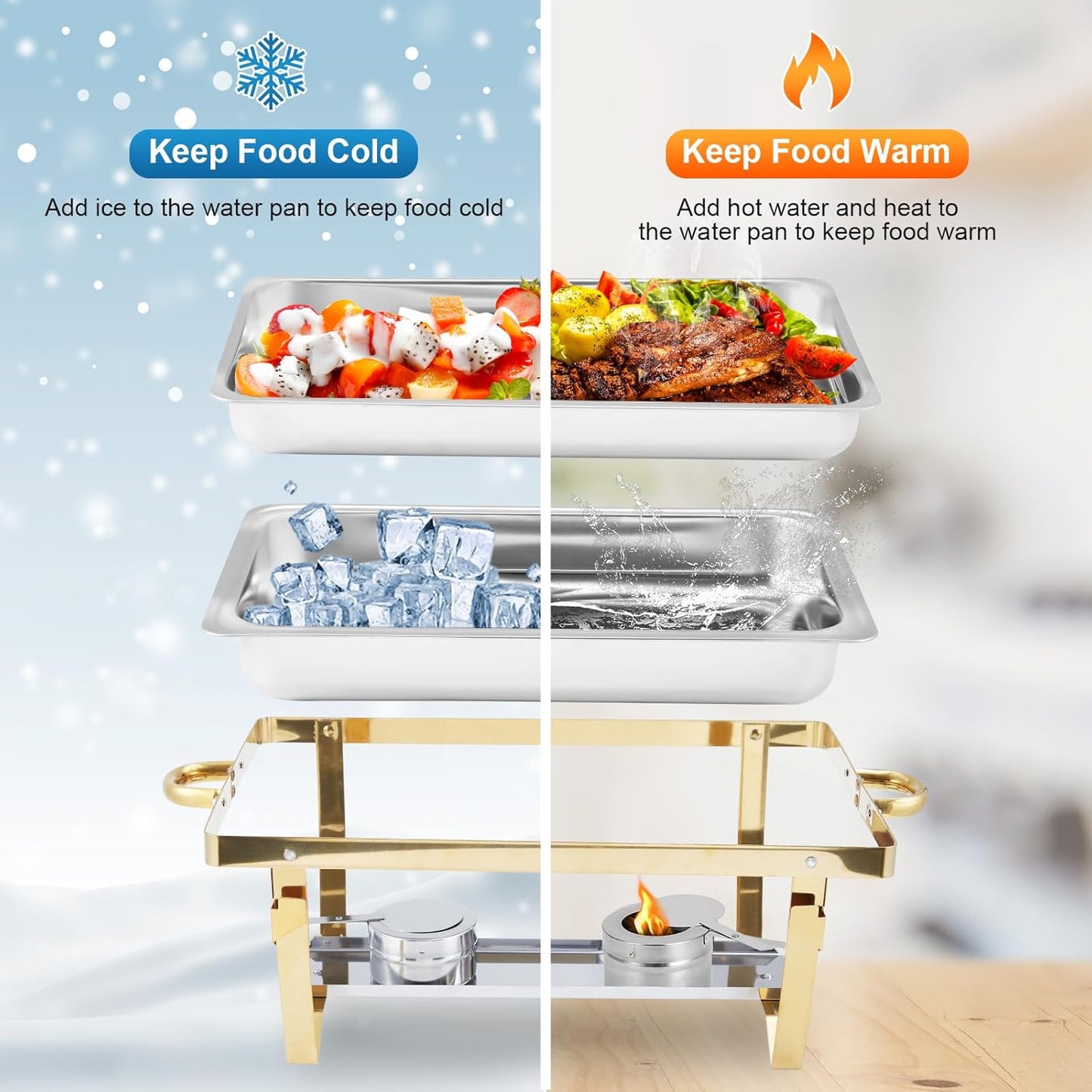 GarveeHome 4 Pack Chafing Dishes for Buffet, 8 Qt Stainless Steel Chafers and Warmers Sets with Lid, Rectangle Serving Food Warmer Catering Supplies Buffet Display for Party, Gold
