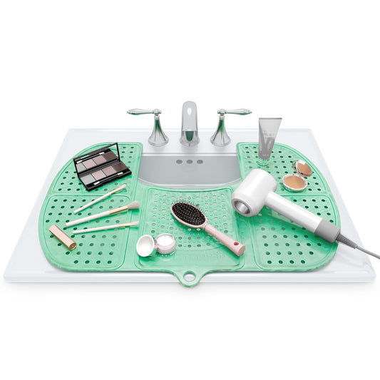 Sink Topper Bathroom Counter Cover & Storage Saver, Foldable Silicone Mat for Hot Tools, Hair Styling & Makeup, Beauty Brush Cleaning Mat, RV Camper Sink Cover & for Small Spaces (Large Green)