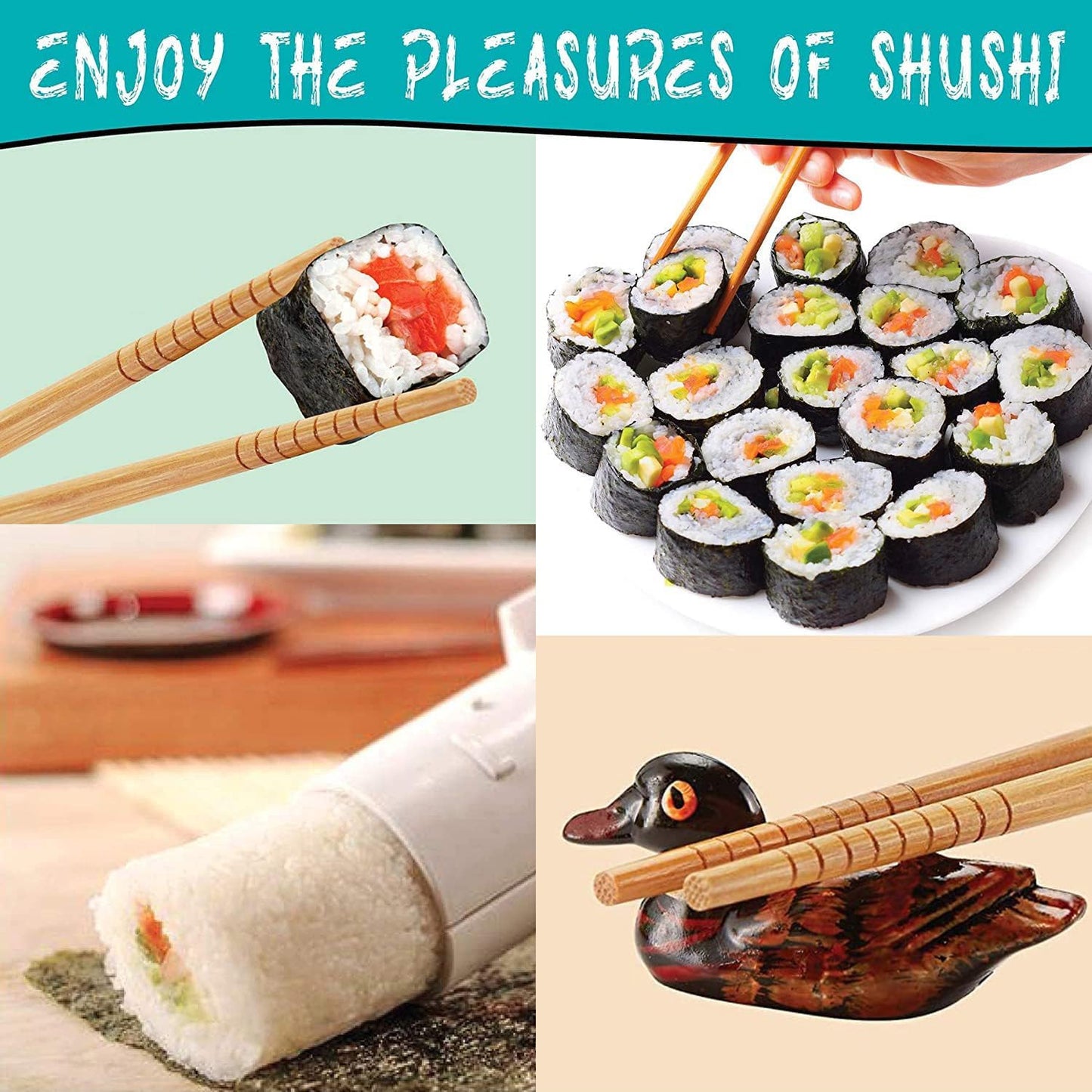 Sushi Making Kit For Beginners - 22 Piece DIY Sushi Roller Kit with Bamboo Sushi Rolling Mat, Sushi Bazooka, Chef's Knife, Chopsticks, Holder - Best Starter Sushi Kit (Pink)