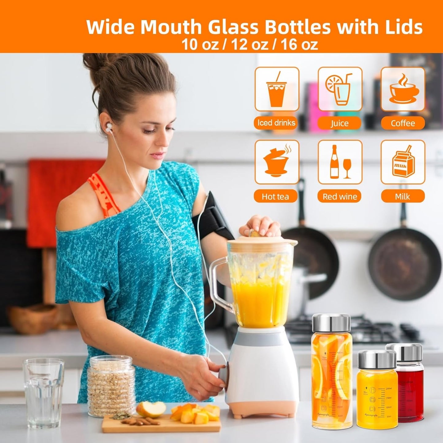 Glass Juice Bottles 4 Pack 12 oz - Wide Mouth Glass Water Bottles with Lids - for Juicing, Smoothies, Milk, Protein, BPA Free, Reusable, Stainless Steel Lids, Leak Proof, Shaker bottle (12oz/400ml)