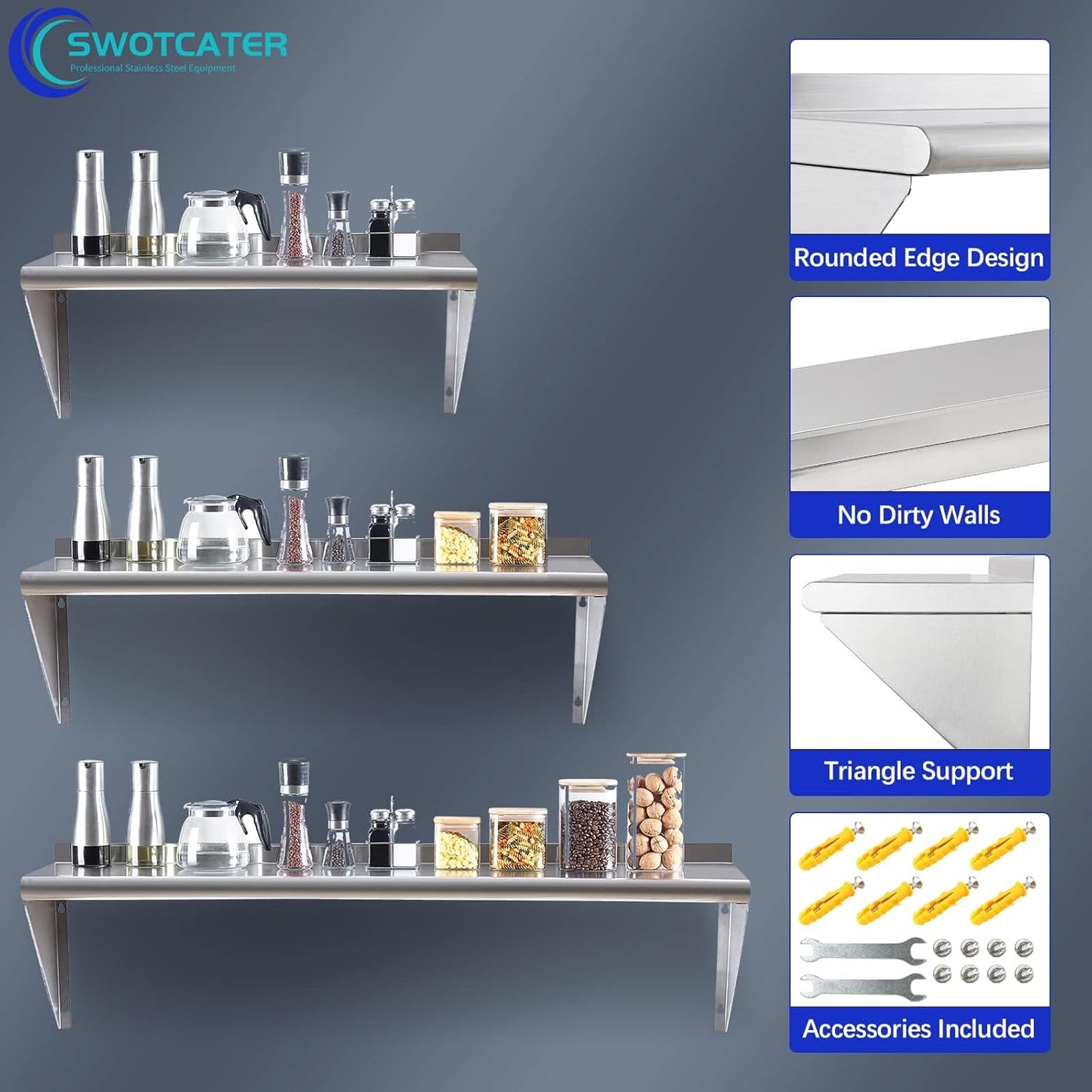 Stainless Steel Shelf 12"x36", Space-Saving Wall Mounted Shelving, 280lb Heavy Duty Steel Shelves with Easy-Clean Surface for Kitchen, Restaurant, Bar, Hotel (Commercial & Home Use)