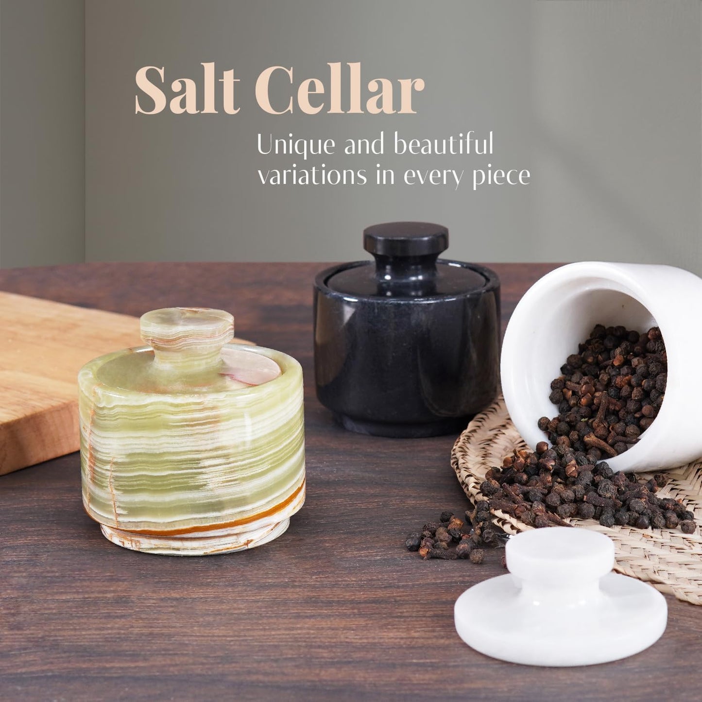 Marble Salt Cellar with Lid 3" Green Onyx Stone Salt Holder for Counter & Stone Salt Container, Salt Dish, Salt Box & Spice Jar