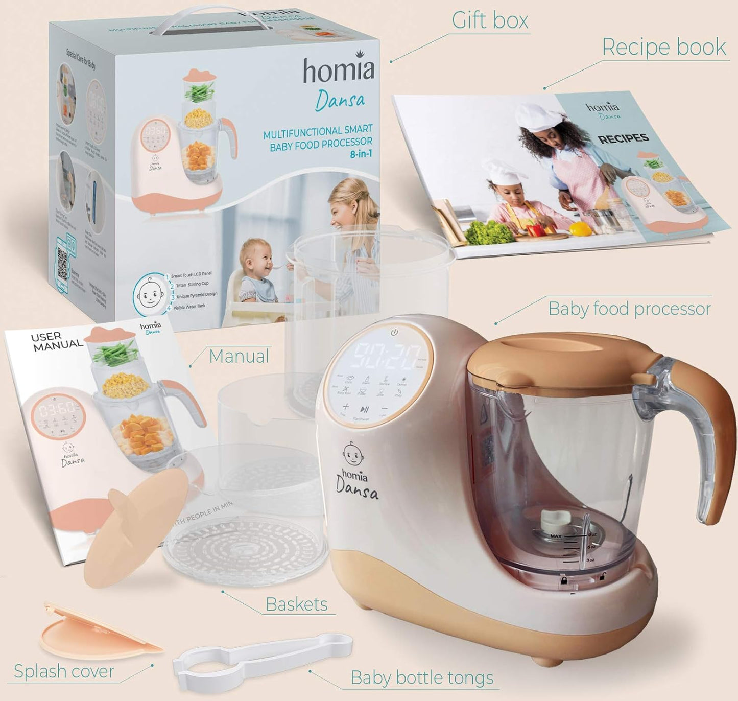 Baby Food Maker Chopper Grinder - Mills and Steamer 8 in 1 Processor for Toddlers - Steam, Blend, Chop, Disinfect, Clean, 20 Oz Tritan Stirring Cup, Touch Control Panel, Auto Shut-Off, 110V Only