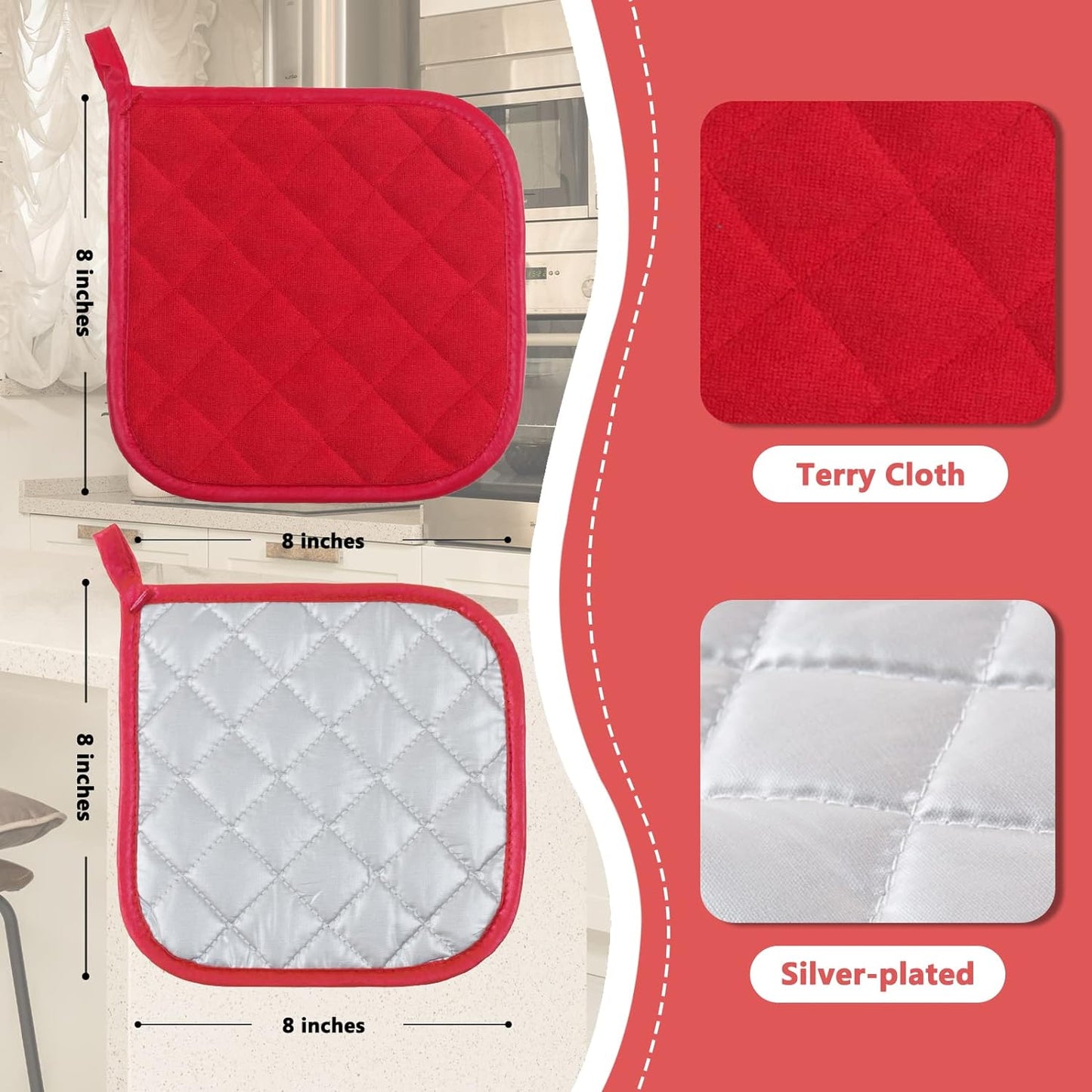 Joyhalo 6 Pack Pot Holders for Kitchen,Cotton Oven Holder with Great Heat Resistance,Non Slip Hot Pads for Kitchen Clearance,Red